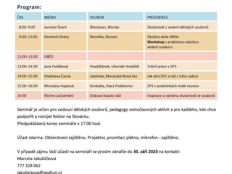 Seminář pro vedoucí dětských folklorních souborů - program